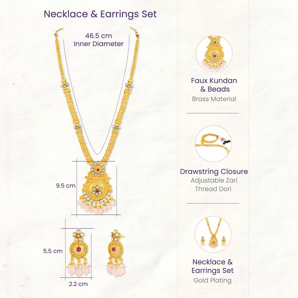 Ethnic Long Necklace Earrings Set For Women & Girls | Gold Plated | Kundan & Beads Studded | Maharani Haar South I : PF04N08RP