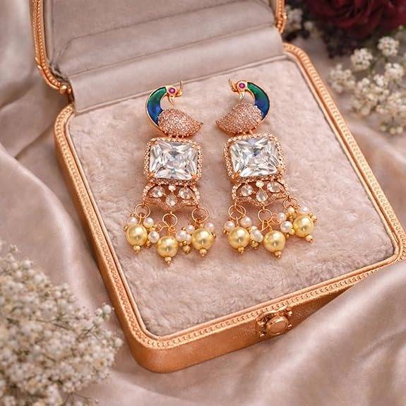 Rose Gold Peacock Dangle Earrings : AD-934-RGWEERER
