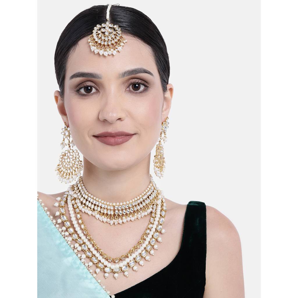 Peora Indian Traditional 18K Gold Plated Kundan Faux Bead Choker Long Necklace Earrings Maang Tikka Jewellery Bri : PF25BR001W