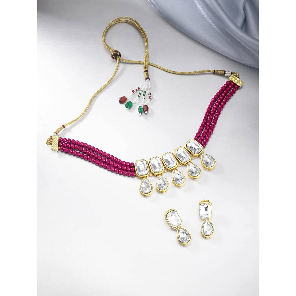 Crystal Pearl Traditional Ethnic Bridal Choker Necklace With Earrings Jewellery Set For Women Girls : PF24N2905RP