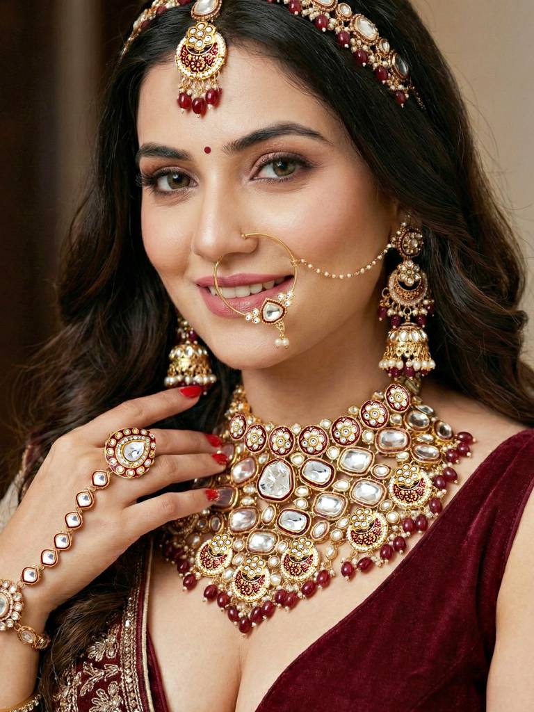 Gold Plated Kundan Maroon Beads Choker Jewellery Set For Women | Maroon Meenakari Bridal Ethnic Necklace Set : 4554-IZS-0003-M