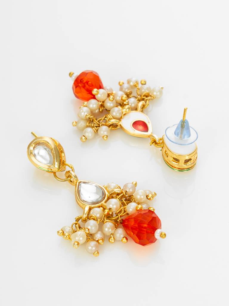 Gold Plated Multistrand Beaded Necklace Set With Kundan And Red Drop Stones : NK4705