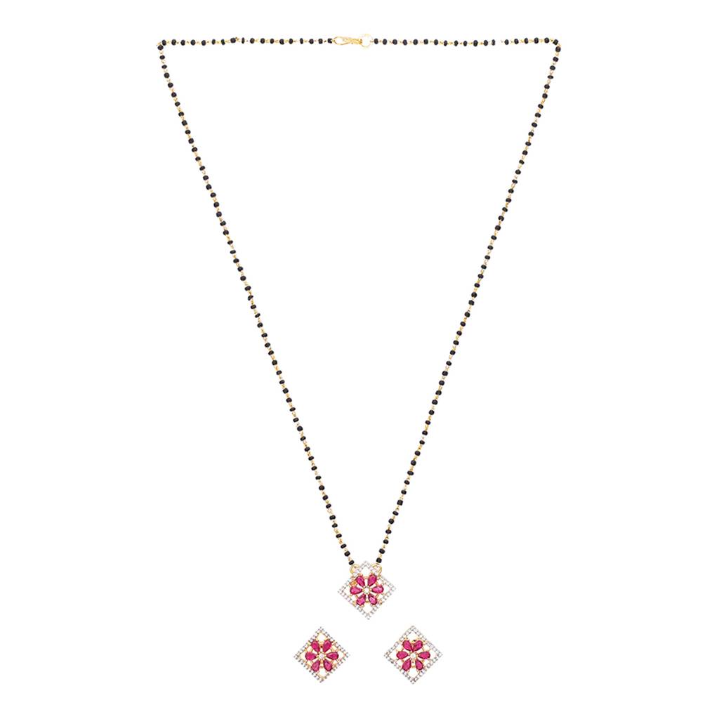 Shimmering Floret American Diamond Cz Gold Plated Brass Black Beaded - Mangalsutra With Earrings : 8905124427998