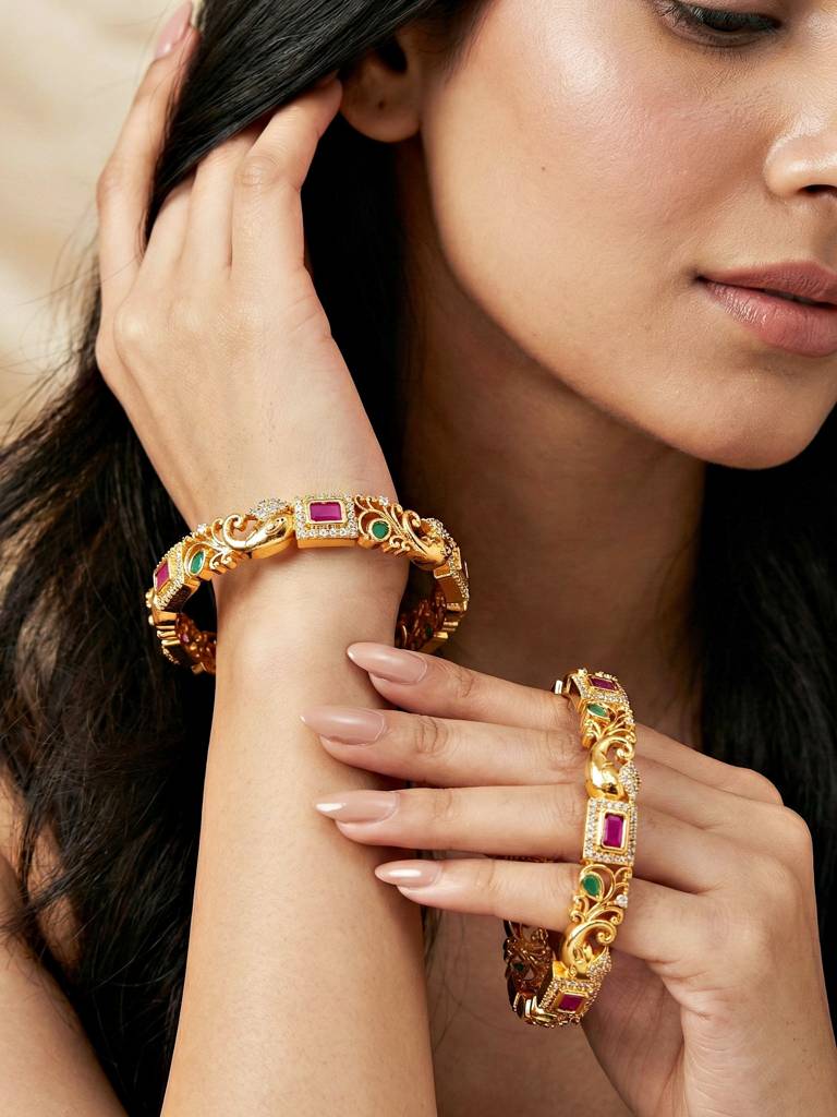 Gold Plated Ganesh Ji Idol Ad Peacock Design Bangle For Women With Pink & Green Stones | Wedding Festive : 1389-C1BG-2224-2-24