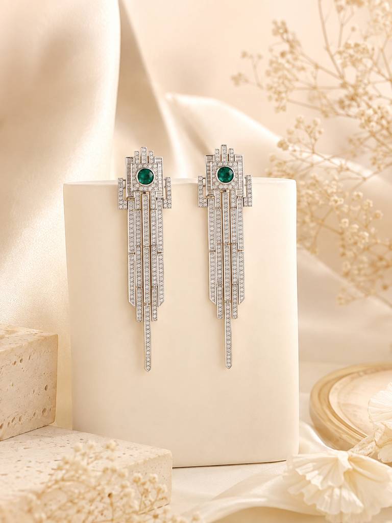 Emerald Crystal Art Deco Drop Earrings : AN-LJ-GO-0084-DE