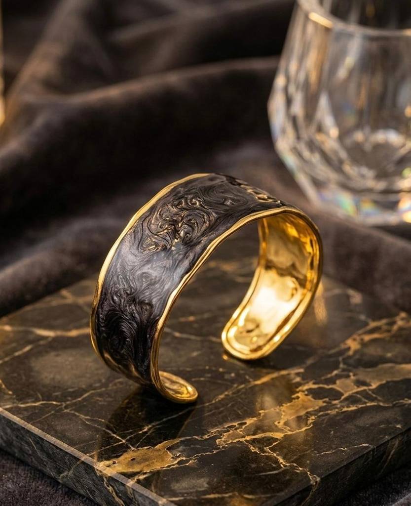18K Gold Coated Onyx Marble Cuff : BCG029