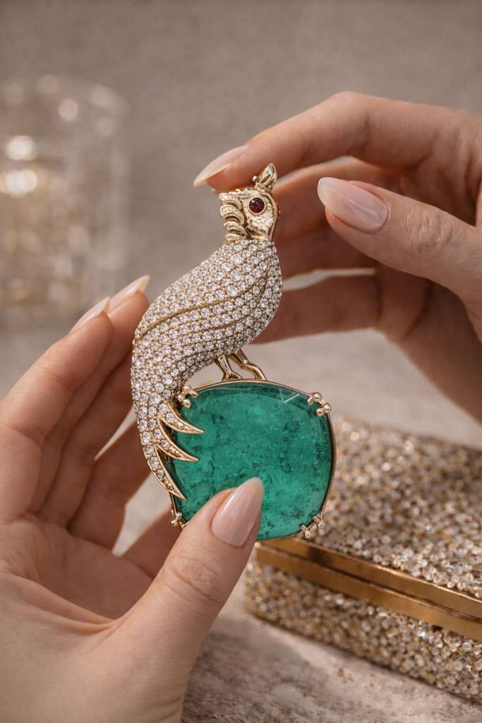 Antique Gold Finish Diamond Royal Bird Unisex Brooch : 900012