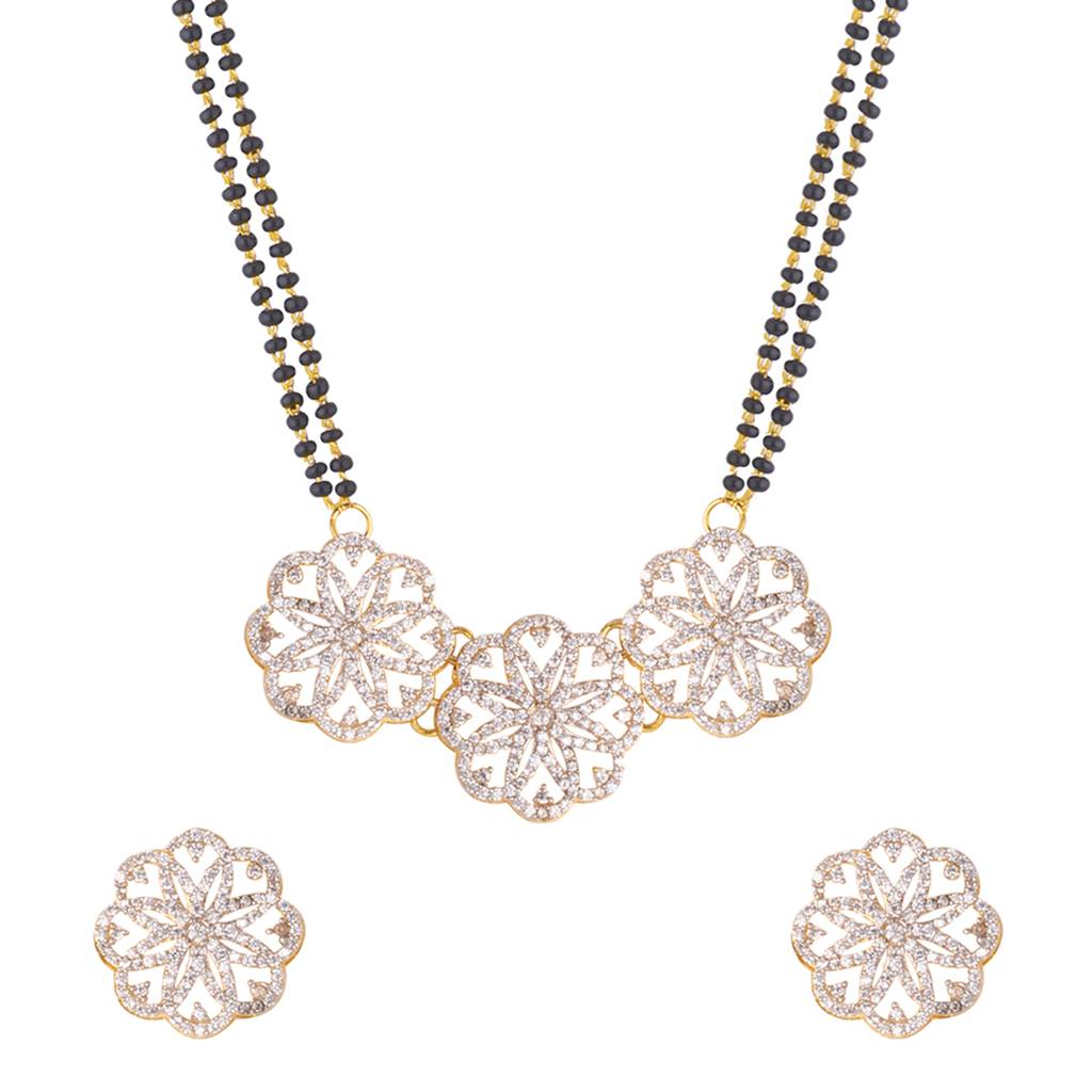 American Diamond Cz Golden Round Brass Black Beaded Mangalsutra With Earrings : 8905124429404