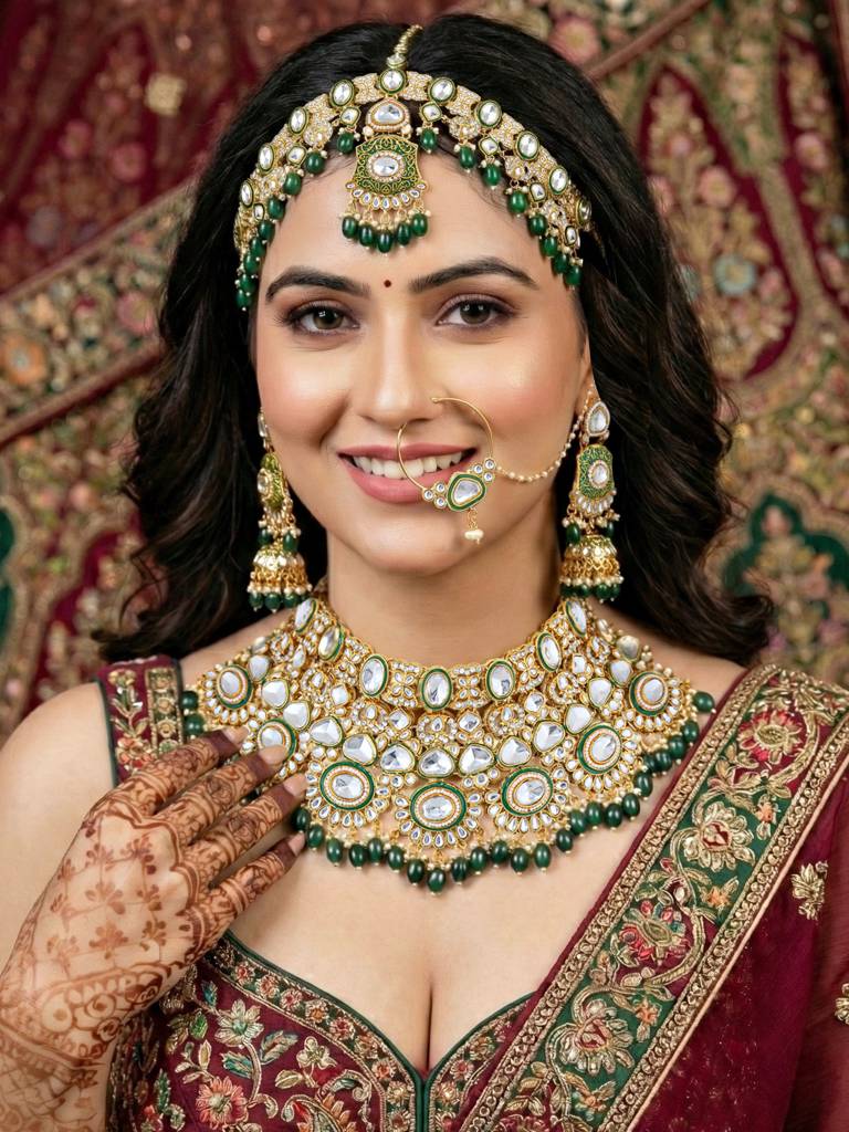 Traditional Kundan White Stone Jewellery Set For Women | Green Meenakari Gold Plated  Ethnic Necklace Set Wi : 4125-IZR-2414-G