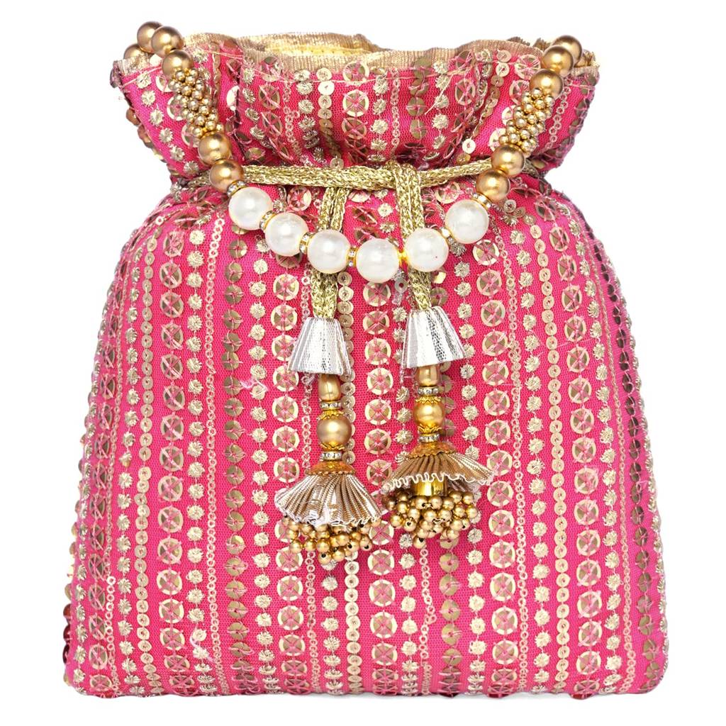 Potli Purse For Women Handmade Evening Handbag Stylish Bridal Fashion Wristlet Bag For Girls (P163G) : P163RP