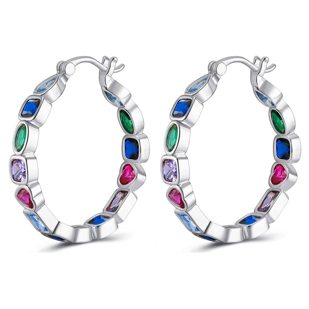 Silver Plated Multicolor Crystals Studded Fancy Hoop Earrings Jewellery For Women & Girls : PX9E3079SML