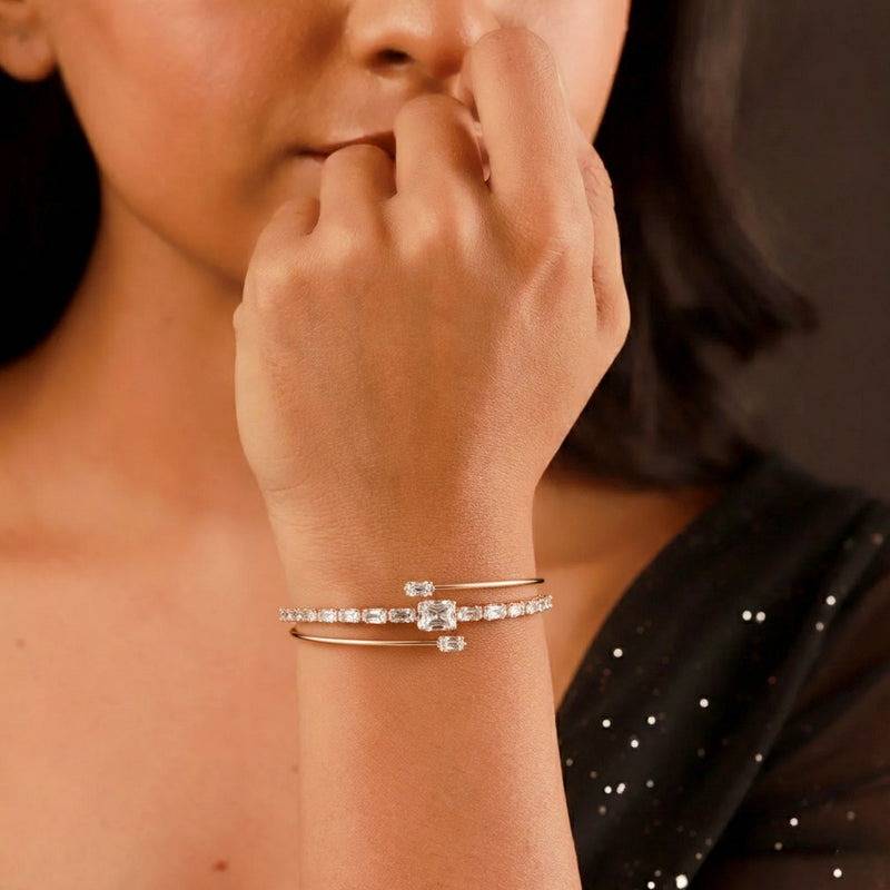 Contemporary Rosegold Baguette Crystal Layered Cuff Bracelet For Women : SZ-033-RGWEBR