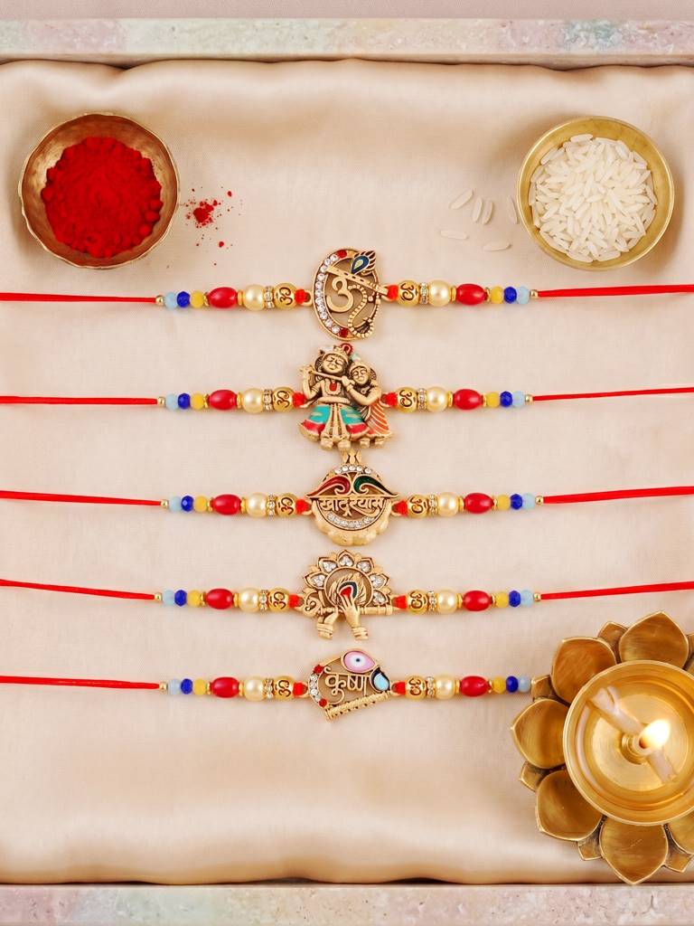 Set Of 5 Traditional Divine Rakhis For Bhai | Beaded Radha Krishna & Khatu Shyam Threads | Raksha Bandhan Gi : 360-S5R1-2306-5