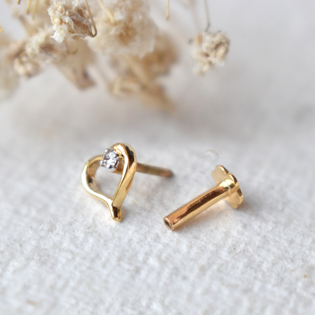 Natural Diamond Heart Nose Stud In 14K Yellow Gold C Wire : NP009-14Y-E-S