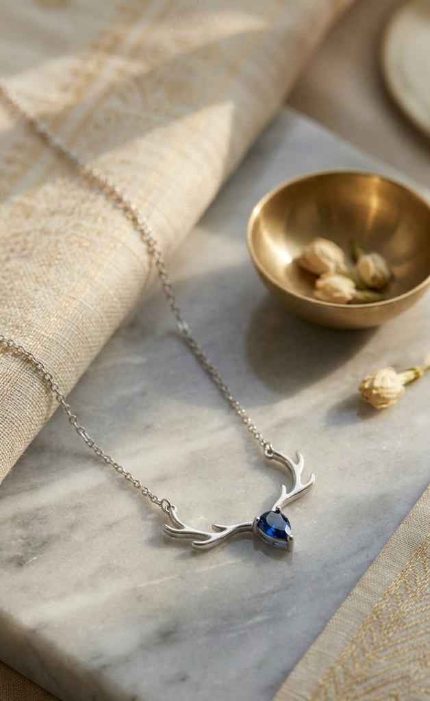 925  Sterling Silver Majestic Deer Antler Blue Stone Jewellery Pendant : SMK-W-N-005