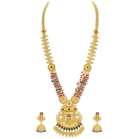 Ethnic Long Necklace Earrings For Women & Girls Gold Plated Faux Ruby Emerald & Beads Studded Festive Temple Jew : PF04NK03RPG