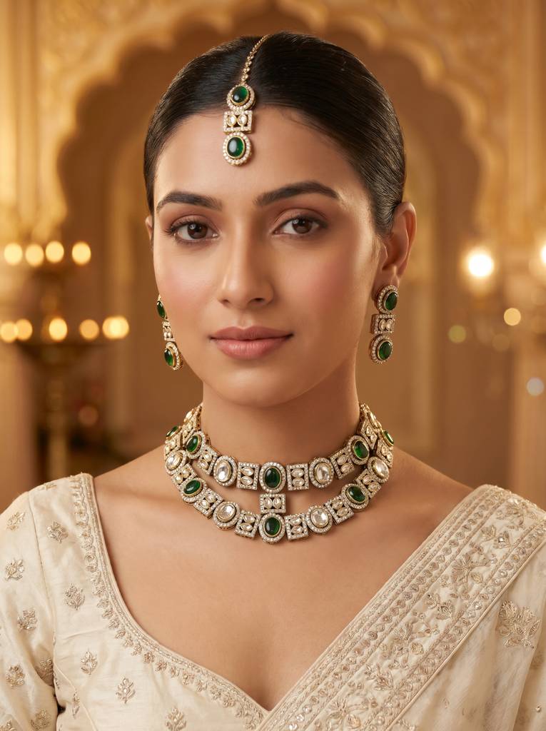 Bridal Double Layer Jewellery Set : HBN-44-GREEN