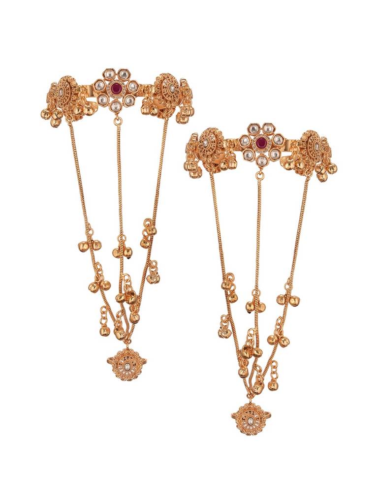 Set Of 2 22K Gold Plated Kundan Flower Kashmiri Ghungroo Bridal Hathphool : SJHP3003