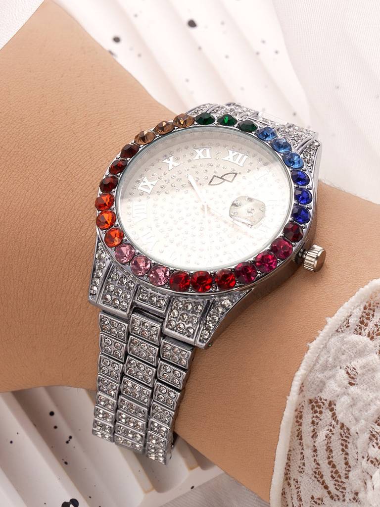 White & Colourful Stones Analog Round Dial With Crystal Stones Silver Metal Strap : HSWC1005