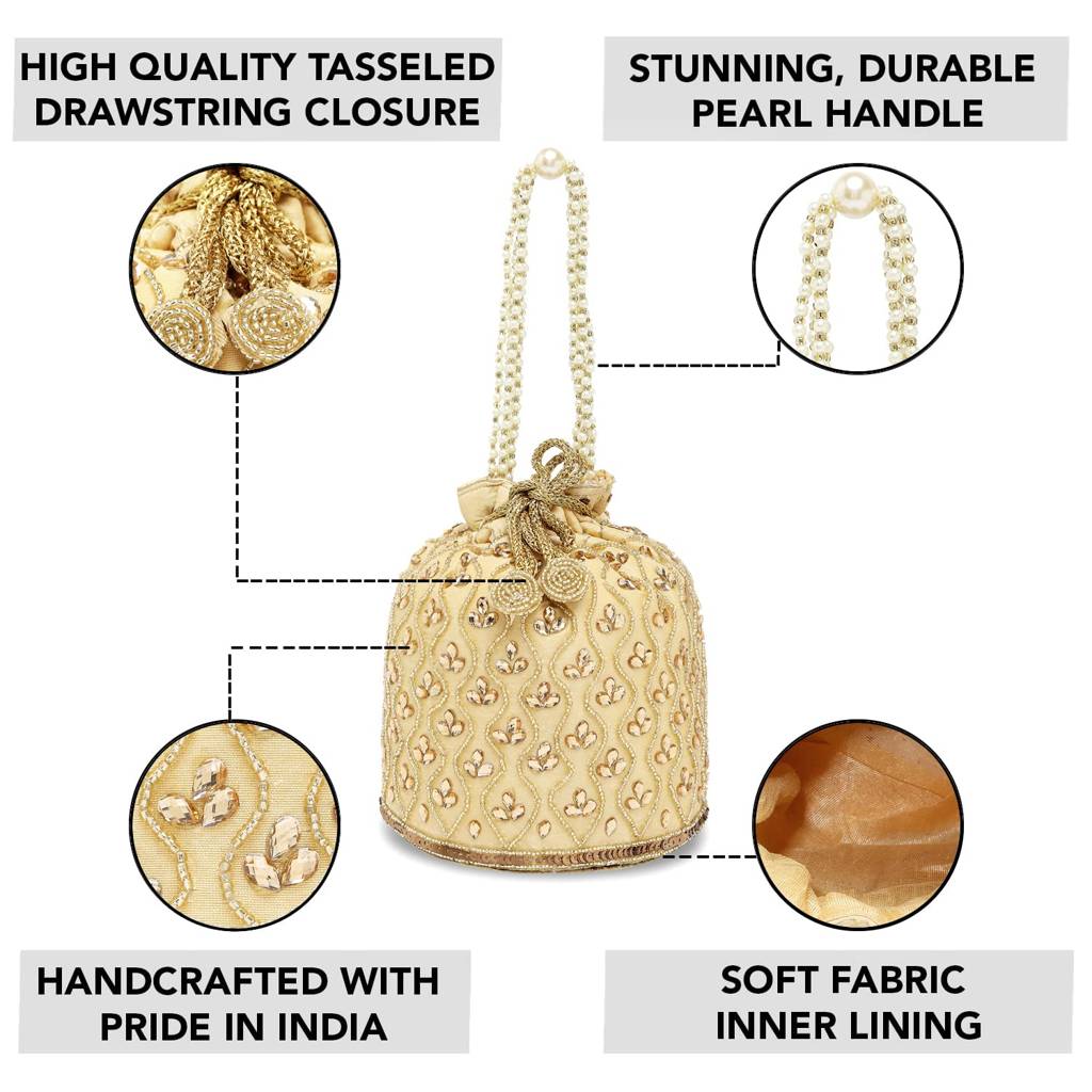 Embroidered Potli Bag For Women Handmade Ethnic Purse Evening Handbags Stylish Bridal Fashion Clutch Bag Gift For Girls : P88G