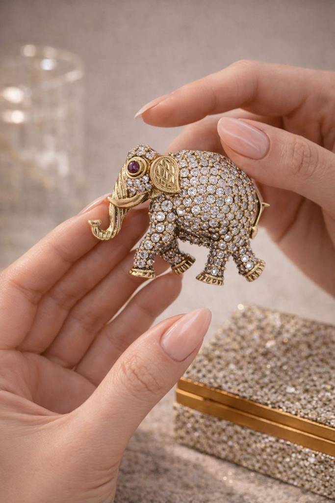 Antique Gold Finish Diamond Studded Elephant Unisex Brooch With Ruby Detailing : 900010