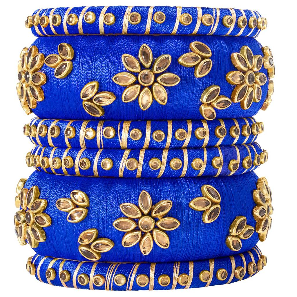 Peora Silk Thread Matching Golden Floral Decorative Chuda Chura Bangle Set For Women : PF51B69B