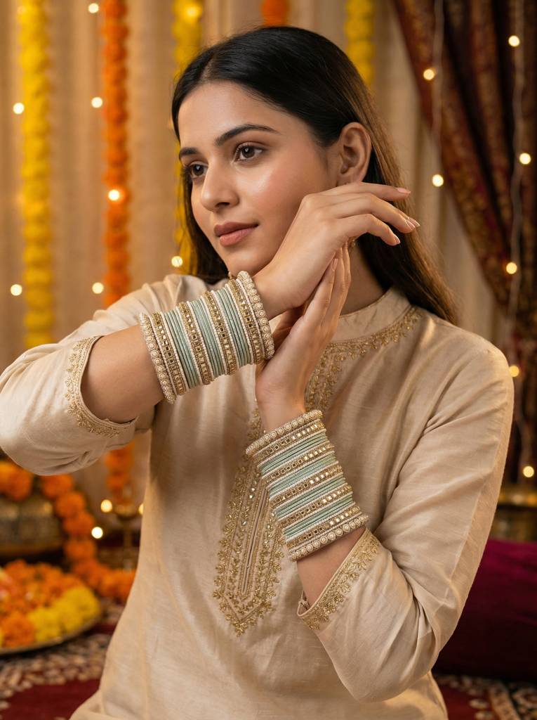 Traditional Kundan Bangles : HB-68-24-PISTAGREY