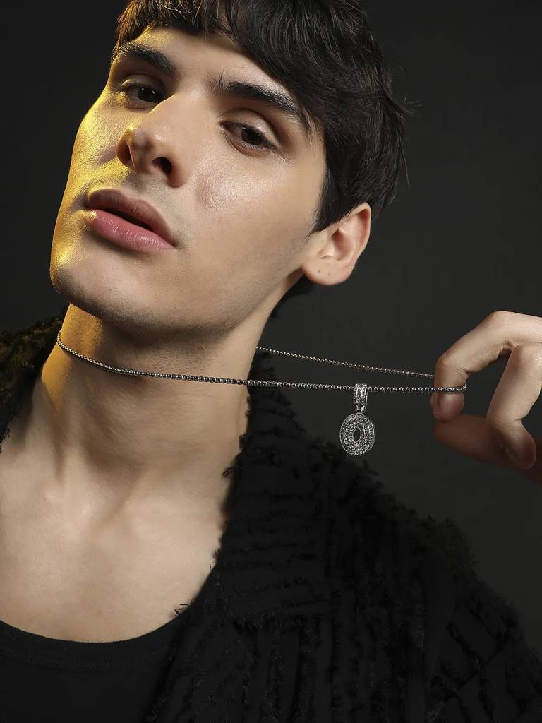 Men'S Embellished Alphabet Pendant Necklace - Silver : FANC1071-O