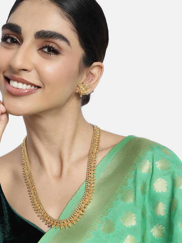 Peora Traditional Gold Plated Long Maharani Haar Necklace With Stud Earrings South Indian Jewellery Set For Women : PF04BRLS7238
