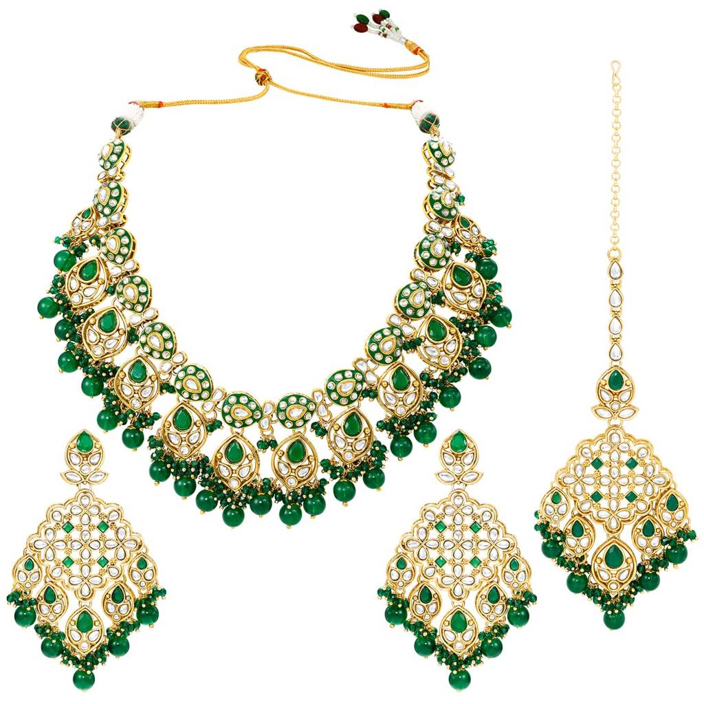 Green Crystal Beads Studded Necklace Earring Maangtikka Set For Women : PF28N381GRN