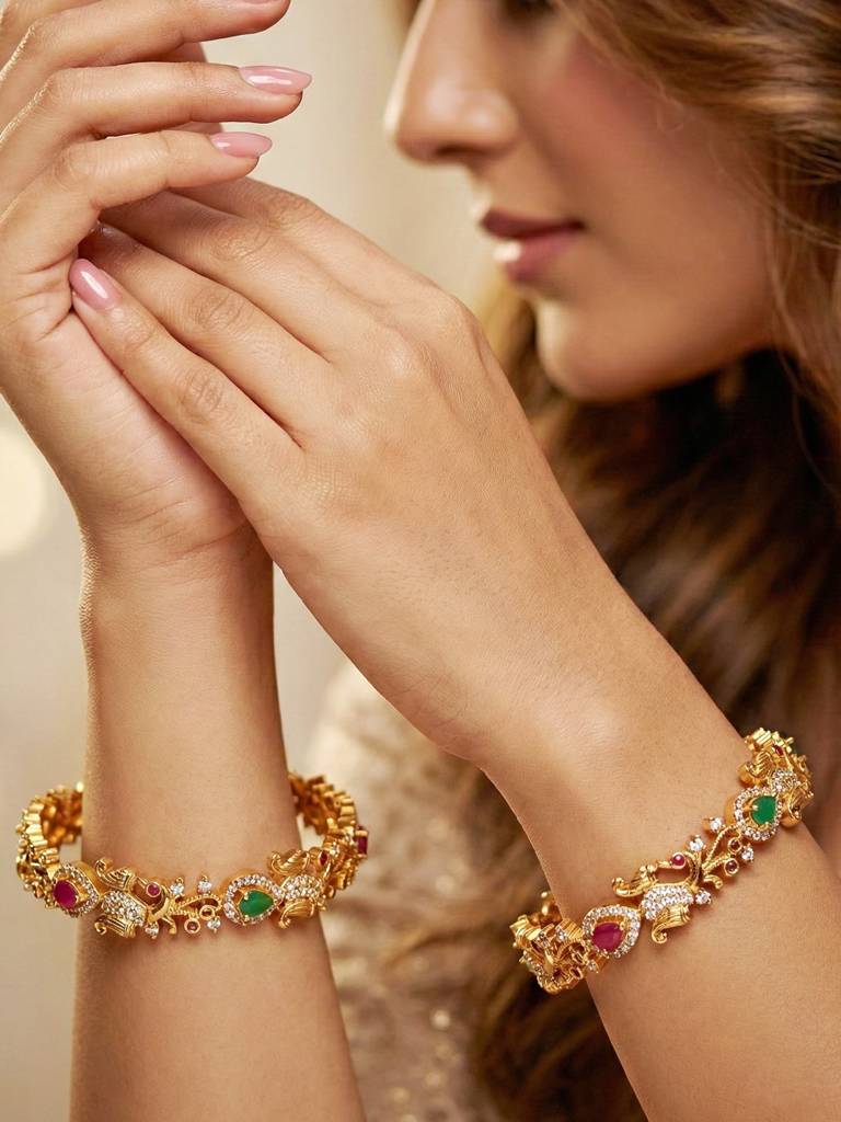 Gold Plated Laxmi Ji Idol Ad Floral Bangle For Women With Pink & Green Stones | Ethnic Wedding Festive K : 1243-C1BG-2219-2-24