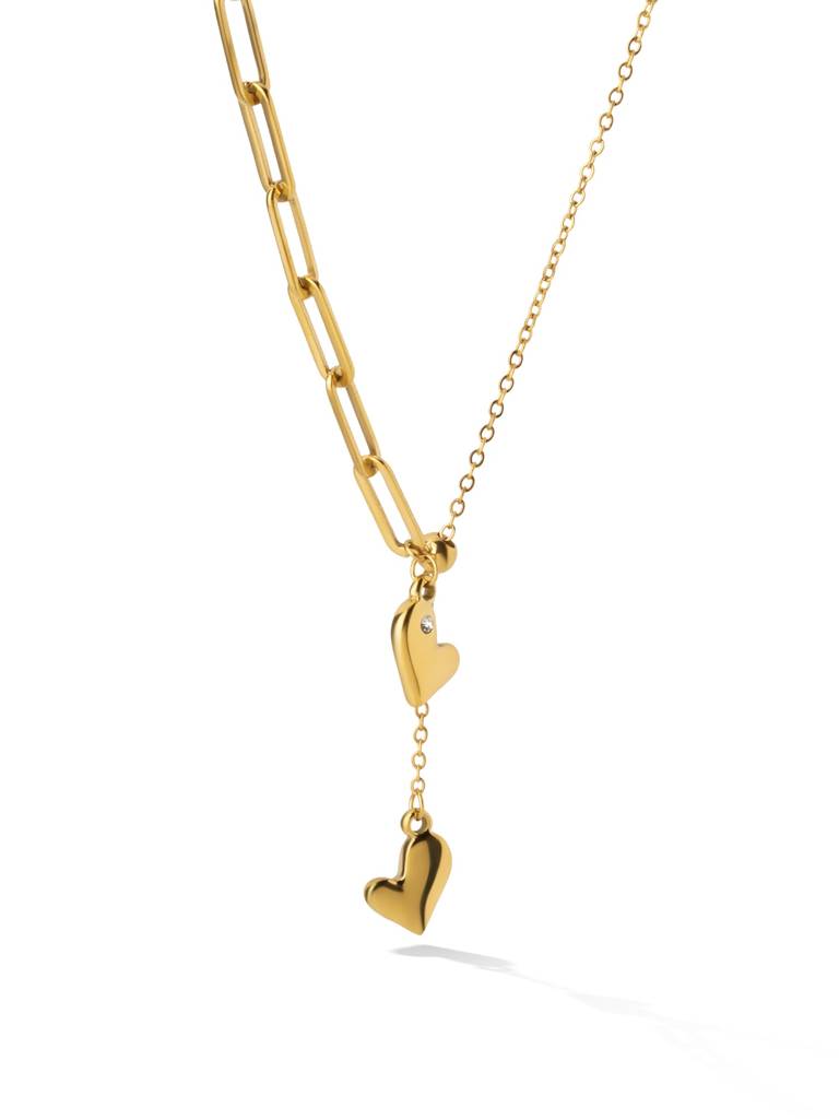 Dual Heart Link Chain Necklace For Women - Waterproof & Anti-Tarnish : NK0249