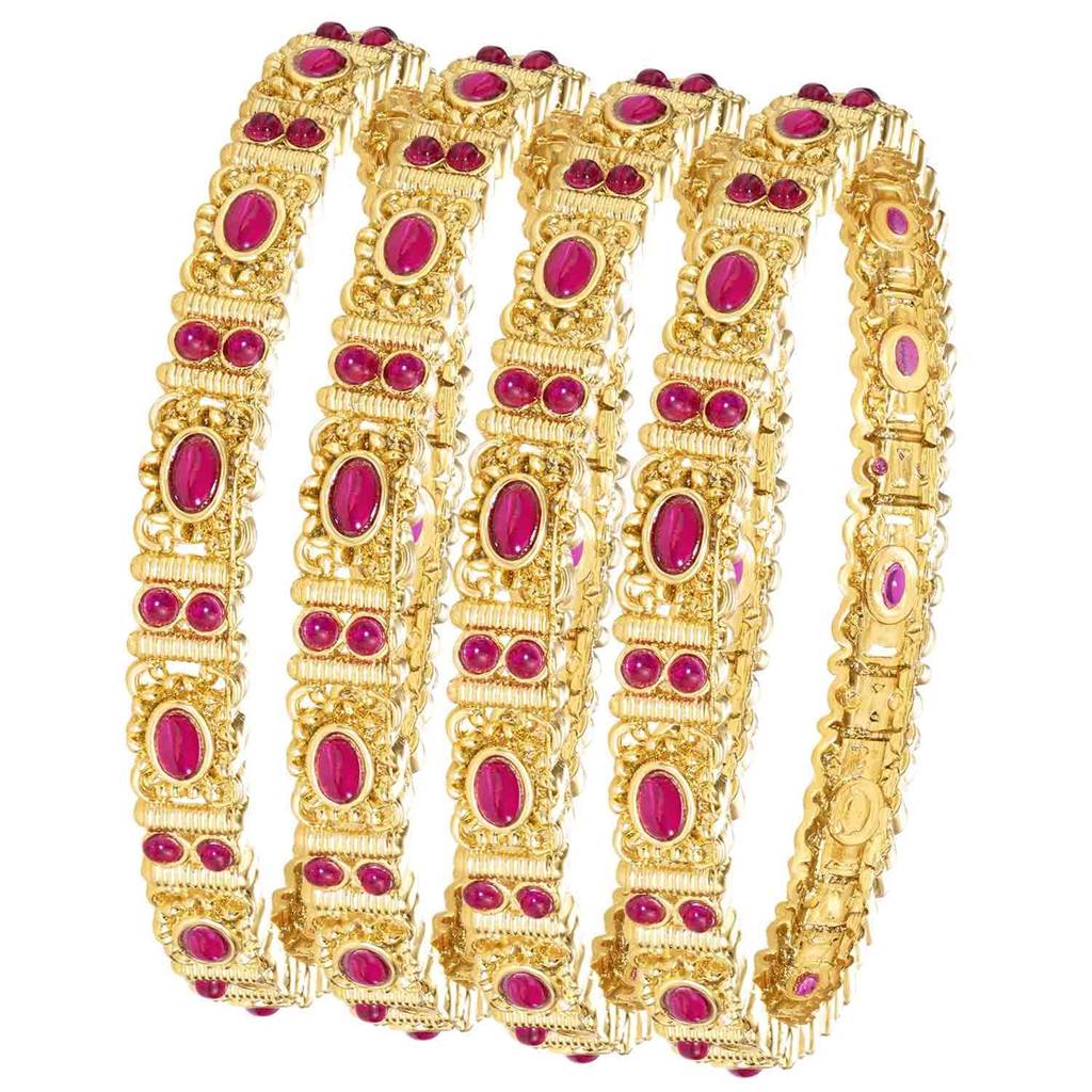 Ethnic Gold Plated Rani Pink Crystals Studded Bangles For Women | Faux Ruby Studded Chuda, Set Of 4, Size 2. : PF106B06RP-S4-8