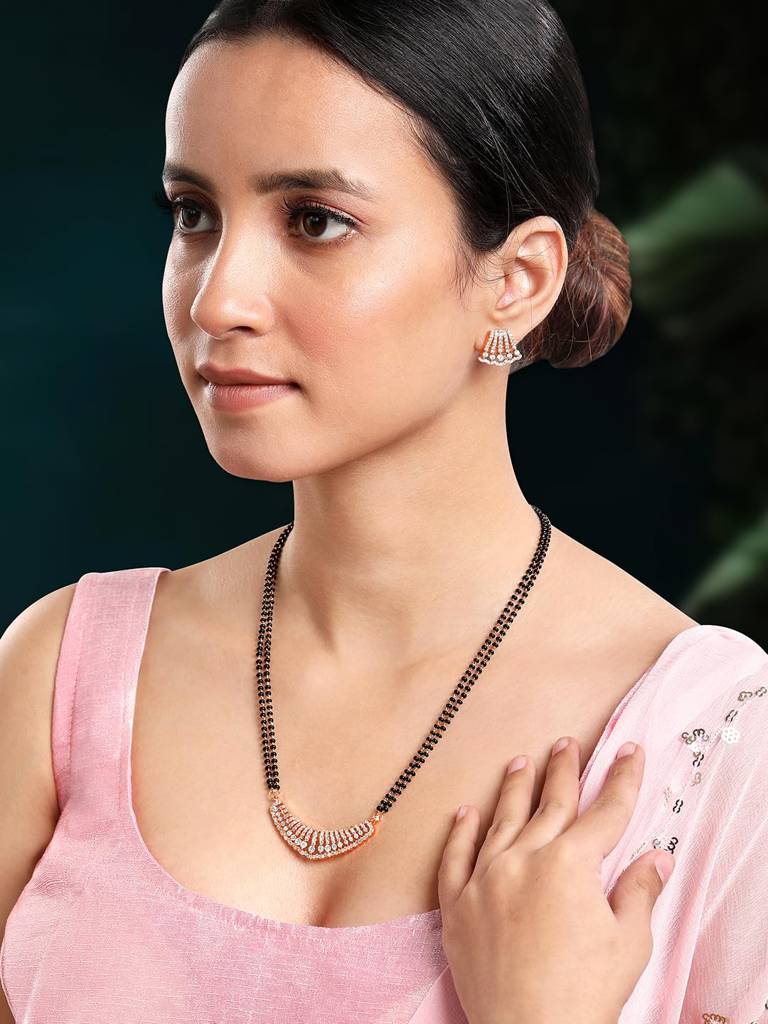 Rose Gold Plated Cubic Zirconia Studded Pendant Mangalsutra Stud Earring Set Jewellery Anniversary Gift For Women : PF43MS04C