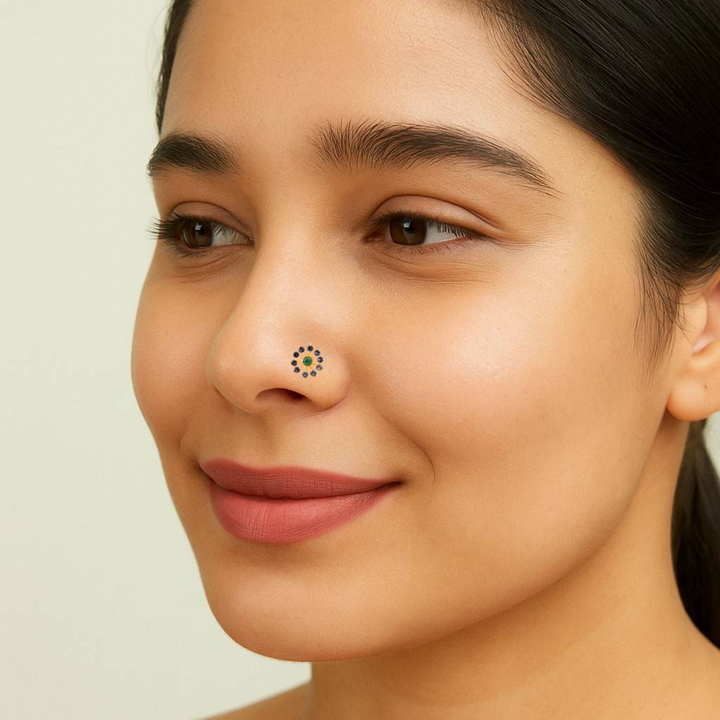 Green Cz & Blue Cz Sunburst Floral Nose Pin - Gold Plated Sterling Silver : NP-00030_925S_W_GZ