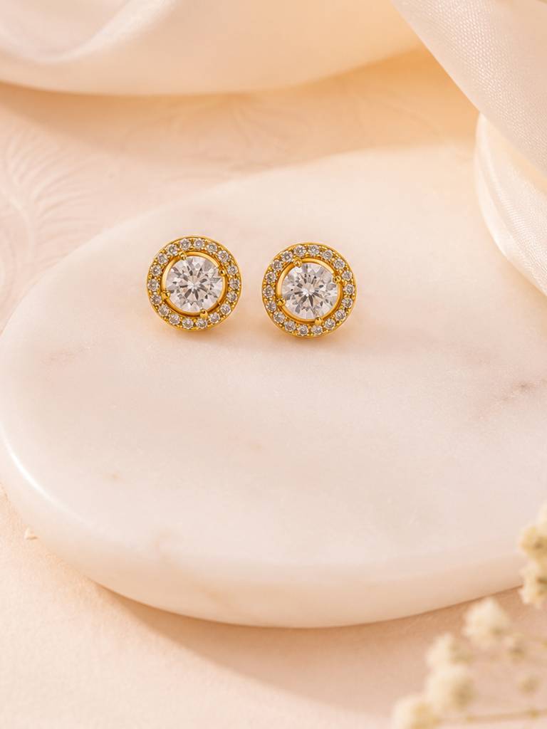 Halo Crystal Stud Earrings In 18K Gold Plating For Women : AN-VM-GO-0142-DE