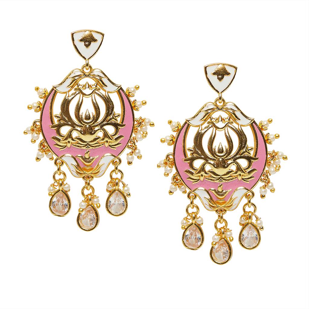 Shwet Kamal Enamelled Gold Toned Jhumki Earrings : 8905124444612