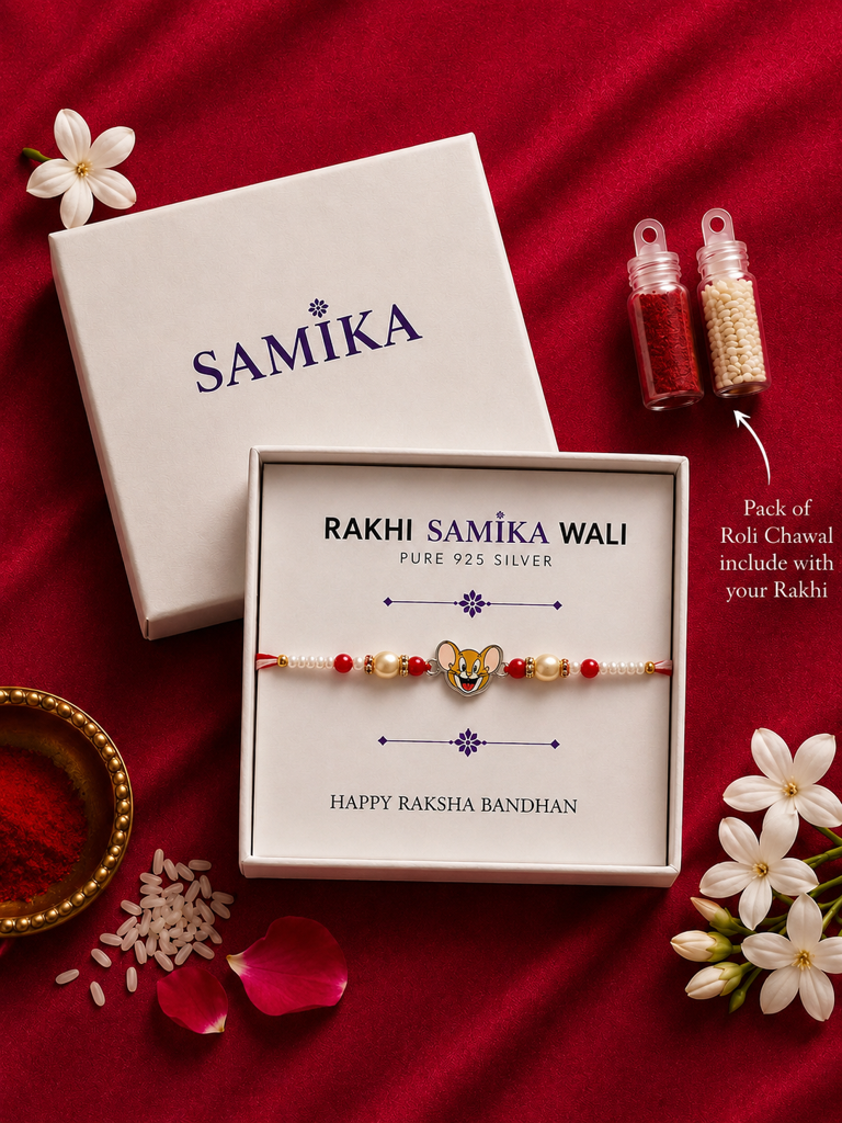 925 Sterling Silver Jerry Cartoon Kids Rakhi With Roli-Chawal Set : SMK-RKH-011