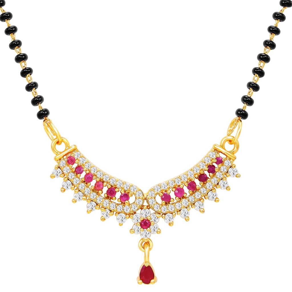 Gold Plated Rani Pink Cz Studded Elegant Mangalsutra For Women | Festive & Bridal Jewellery, Anniversary Birthda : PF04MS23RPW