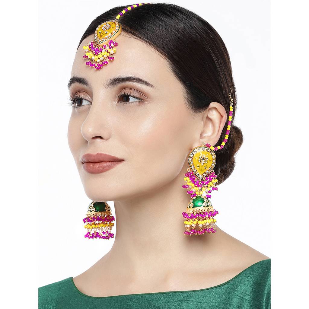 Peora Handcrafted Enamel Meenakari Jhumki Earrings With Maang Tikka Jewellery Set For Women & Girls : PF66ET67ML