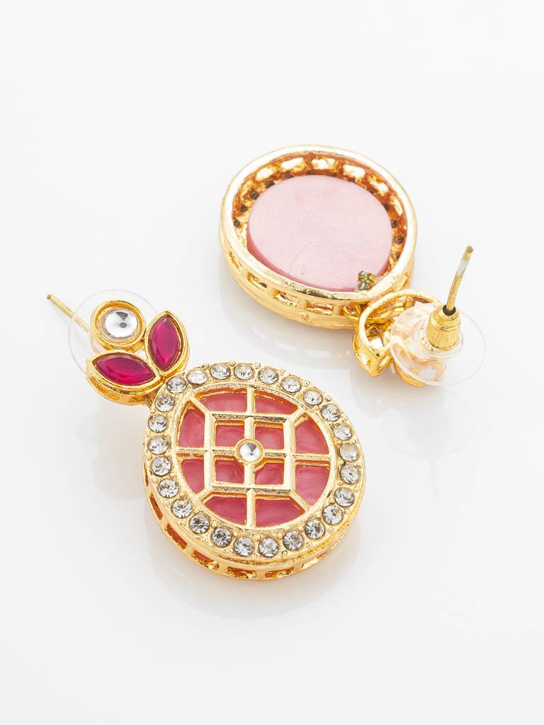 Gold-Plated Kundan Necklace Set With Ruby Red Stones And Pearl Strand : NK4916