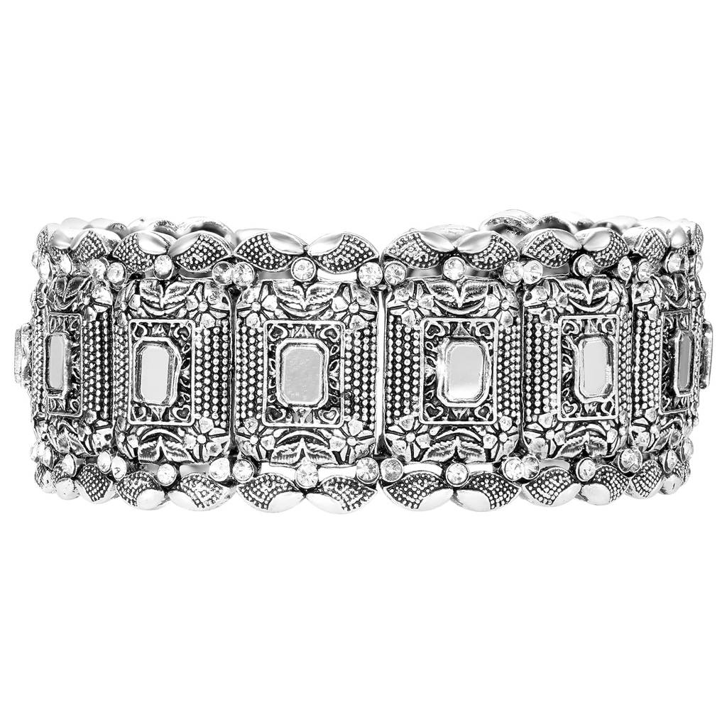 Oxidised Silver Plated Crystal Studded Ethnic Cuff Bracelet For Women : PF09B038OX