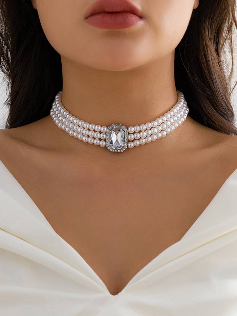 Peora Silver Plated White Beads & Synthetic Stone Studded Necklace Ethnic Jewellery Gift For Women & Girls : PX9N75