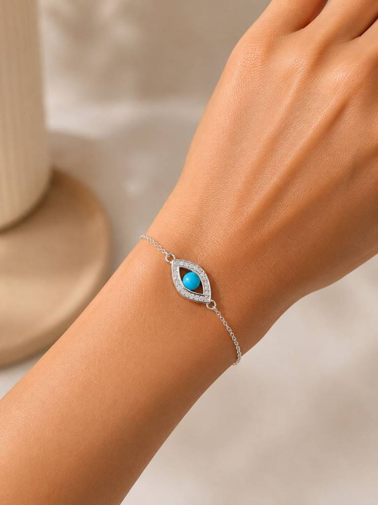 Twenty One Jewels Pure 925 Silver Evil Eye Brother Bhabhi Rakhi Bracelet Combo Set : TB4183_E