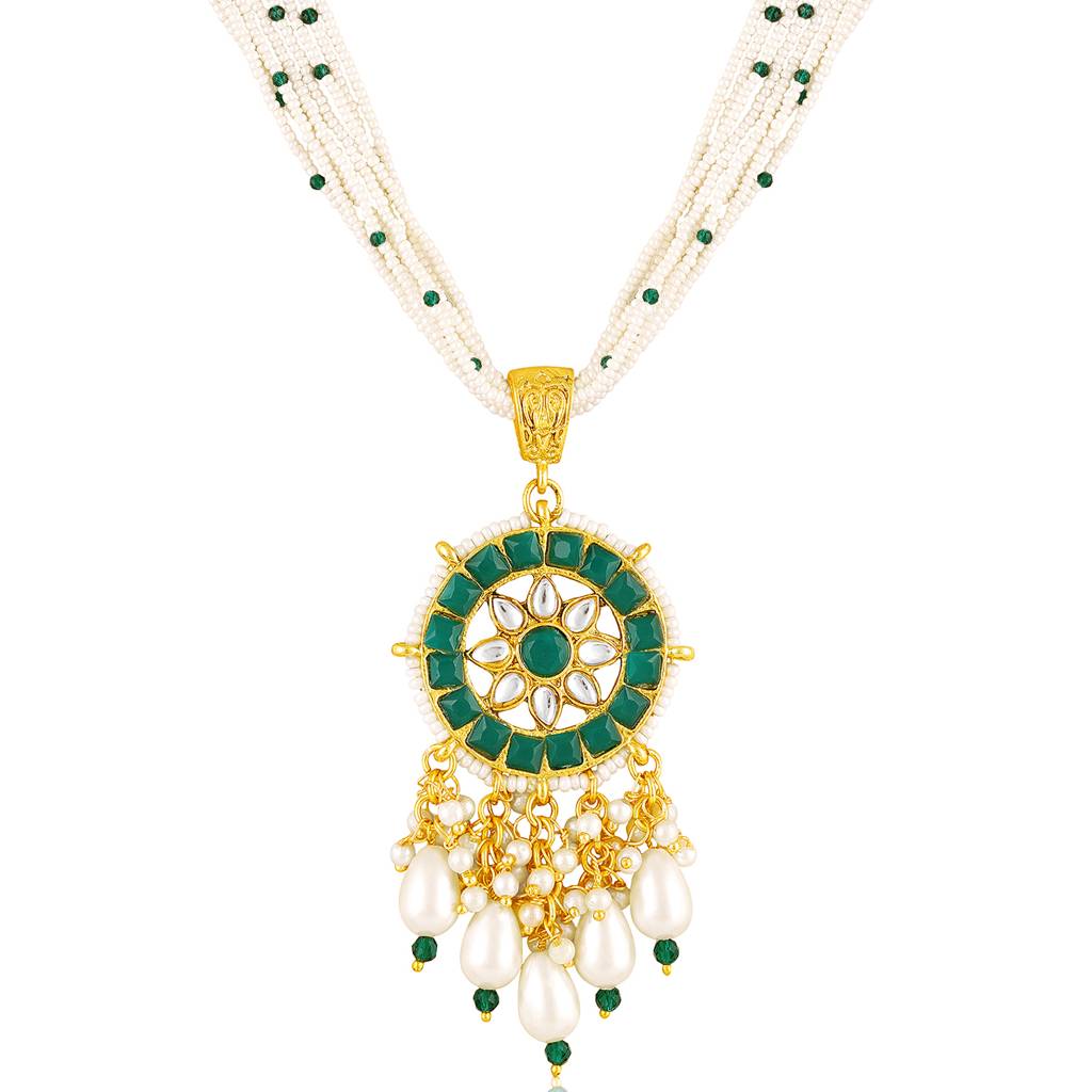 Gold Plated Kundan & Beads Studded Necklace With Dangle Earring Set Fashion Jewellery For Women : PF104N25G
