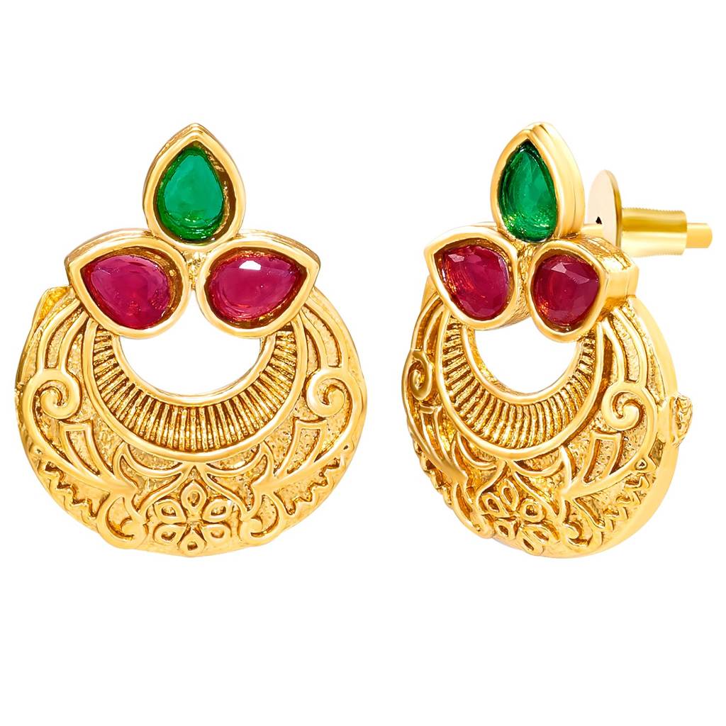 Ethnic Gold Plated Pendant Style Necklace Earrings Set For Women | Faux Ruby Emerald Studded | South Indian Tradi : PF04N26RPG