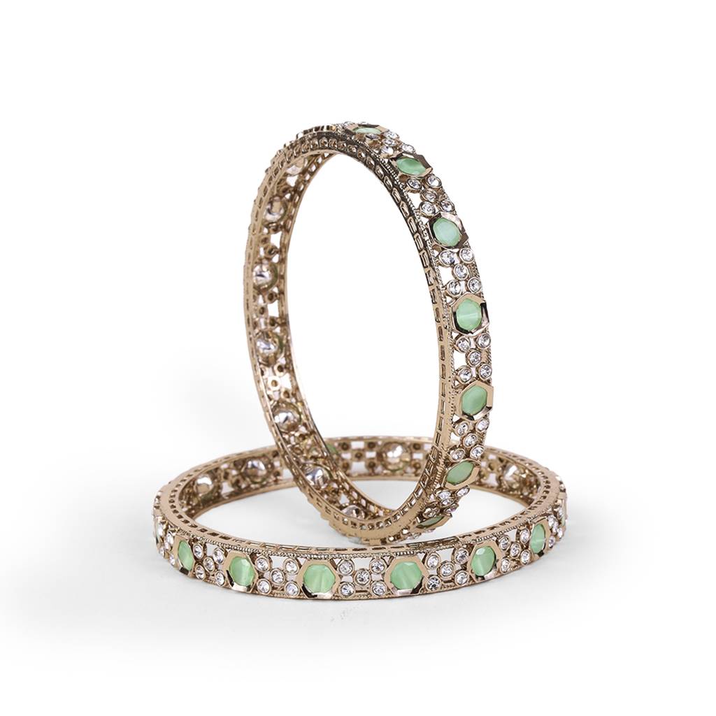 Luxurious Green Crystal Antique Gold Plated Set Of 2 Bangles For Women : 6BG174_210