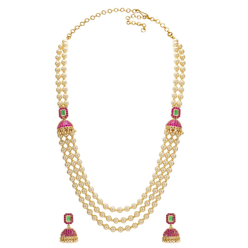 Ethnic Beads Layered Long Mala Necklace Earrings Set For Womengold Plated Faux Ruby Emerald & Pearl Traditional F : PF10ML27RG