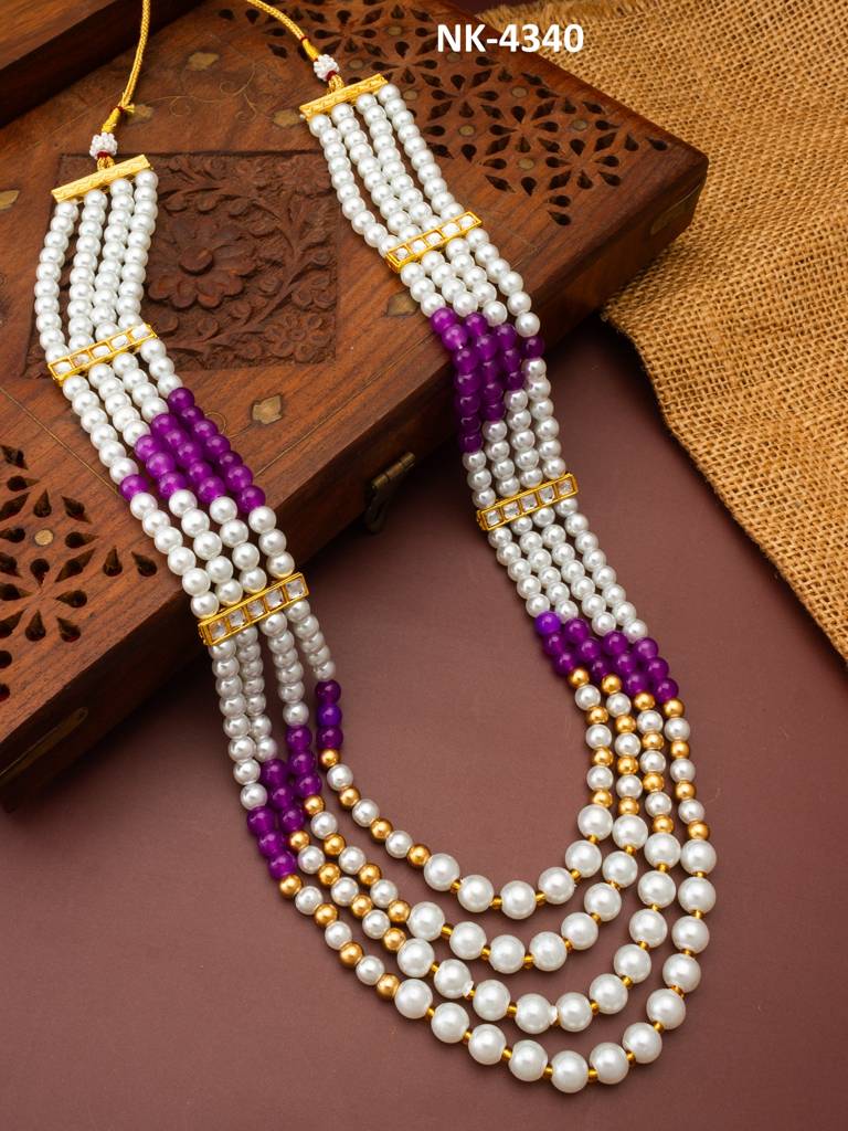 Five-Strand White Pearl And Bead Long Necklace : NK4340