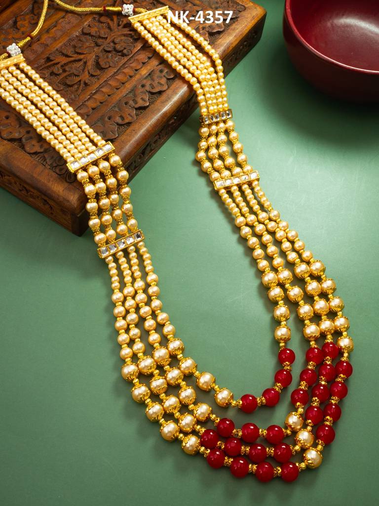 Five-Strand Pearl And Bead Kundan Long Necklace With Gold Caps : NK4357